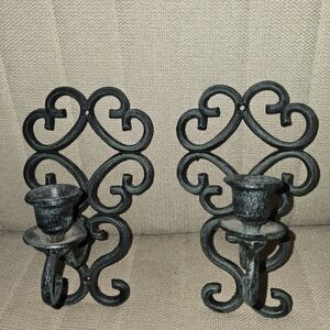 Vintage Ornate Metal Wall Sconce Candleholders With a Green Verdigris Patina
